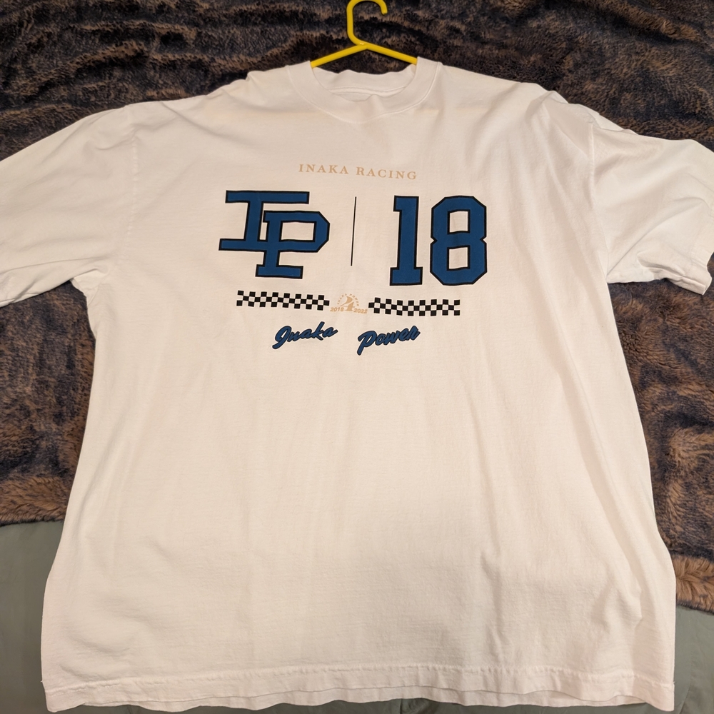 Inaka Power White Tee with Blue Racing Design